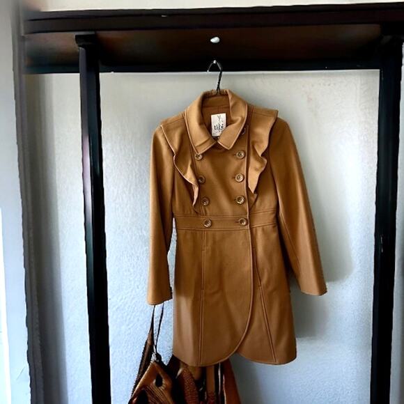 Tibi Women’s 4 Camel Wool Pea Coat Ruffle Detail Button Designer Jacket - Picture 1 of 7